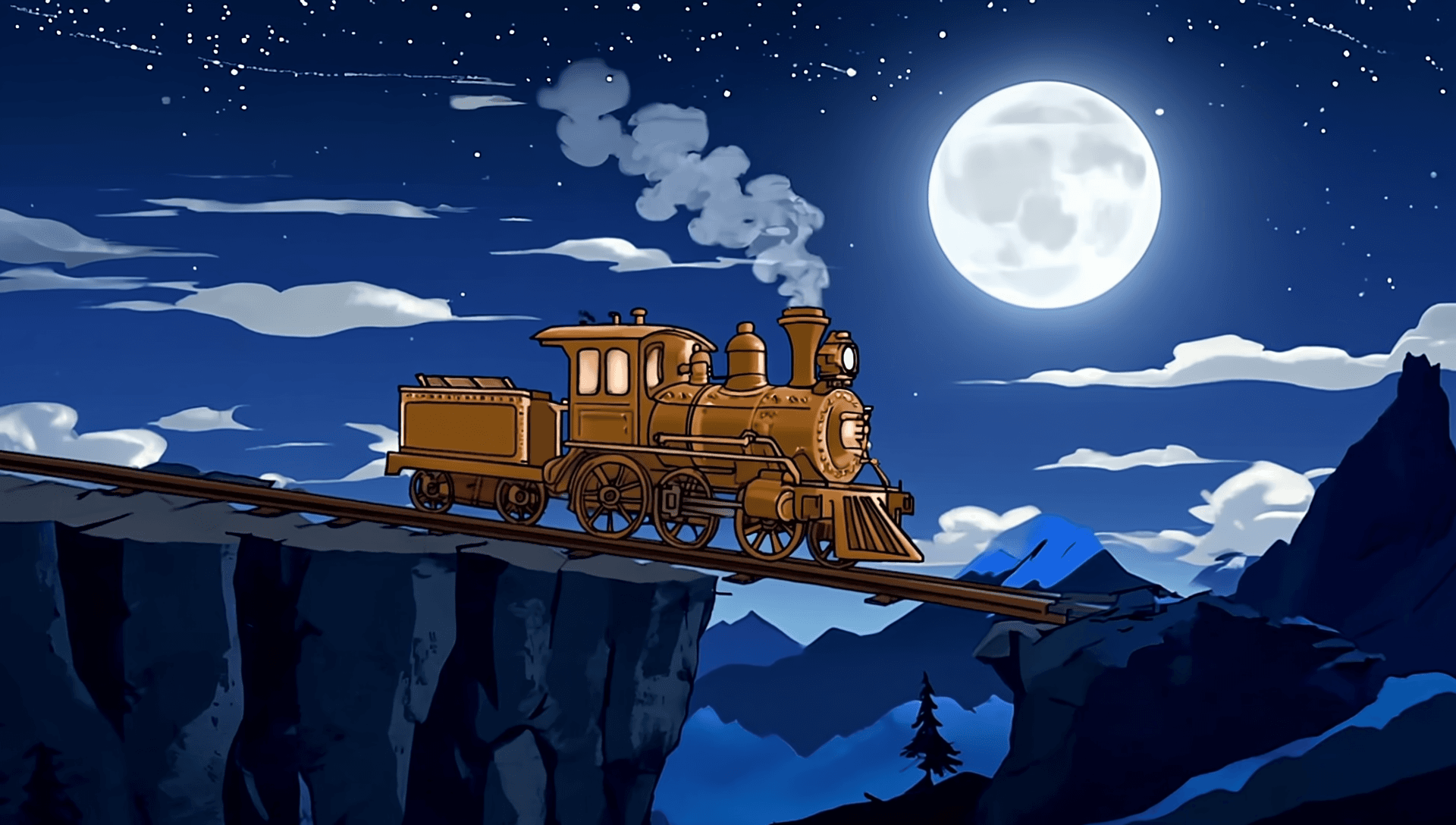 The brass train racing along the cliff edge where the rails end, now in motion
