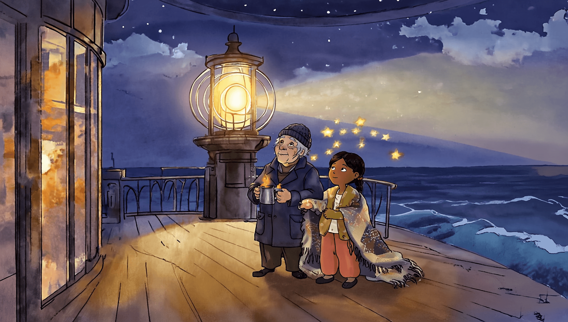 Maren and Isla wrapped in a blanket beside the lighthouse lamp as gold stars hang in the air